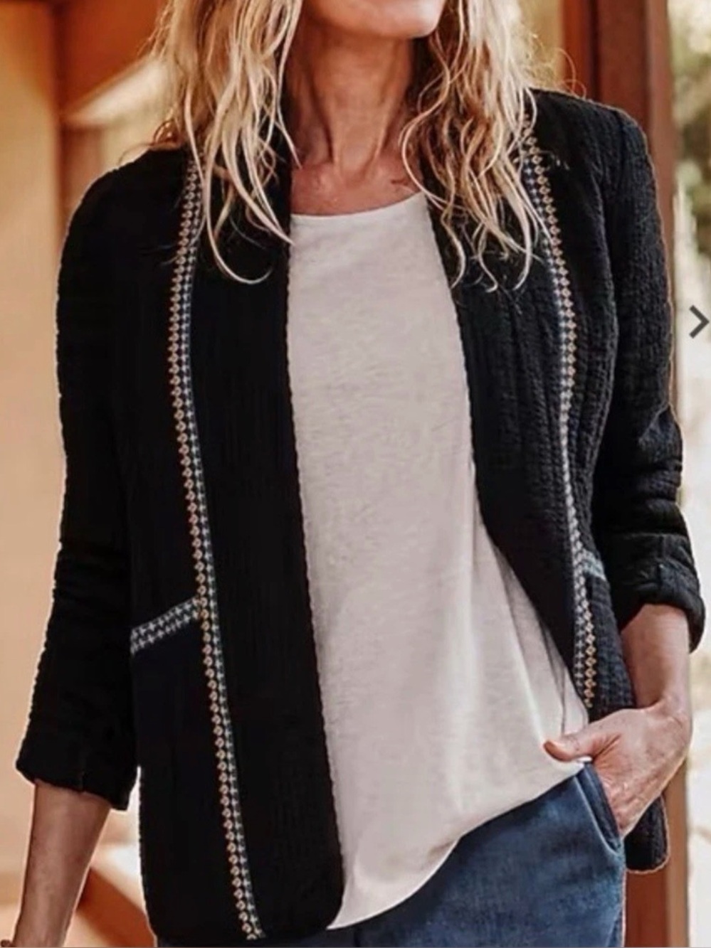 J.Jill Pure Jill Seersucker Quilted Open Front Jacket Boho Embroidered Black